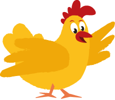 Traditionsgeflügel für mehr Tierwohl 6 gezeichnetes, glückliches Hühnchen zeigt mit seinem Flügel